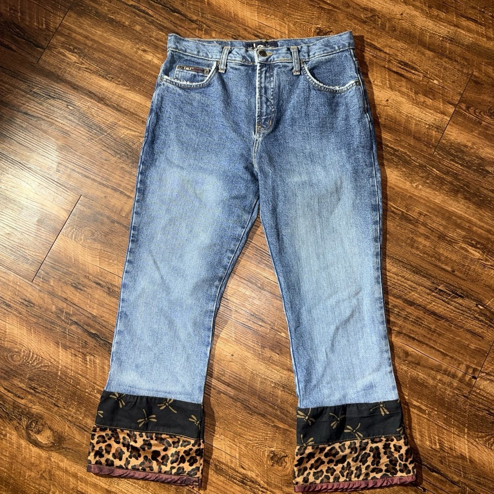 Vintage Y2K L.E.I. Juniors Size 11 Cheetah Dragonfly Patch Hem Jeans - Picture 5 of 9